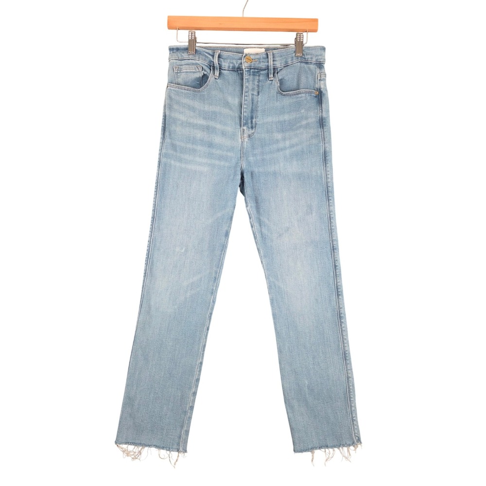 Frame Le Sylvie Crop High Rise Straight Leg Jeans Kirah Blue Raw Hem Size 29